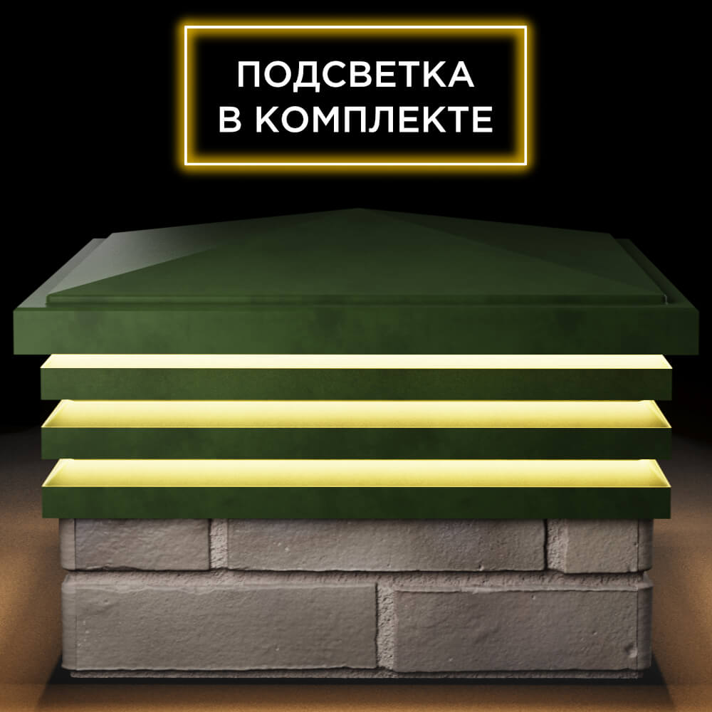 Колпак Zking Бона ХайТек Зеленый на столб 1.5х1.5 кирпича (385х385мм) с подсветкой Кандалакша фото